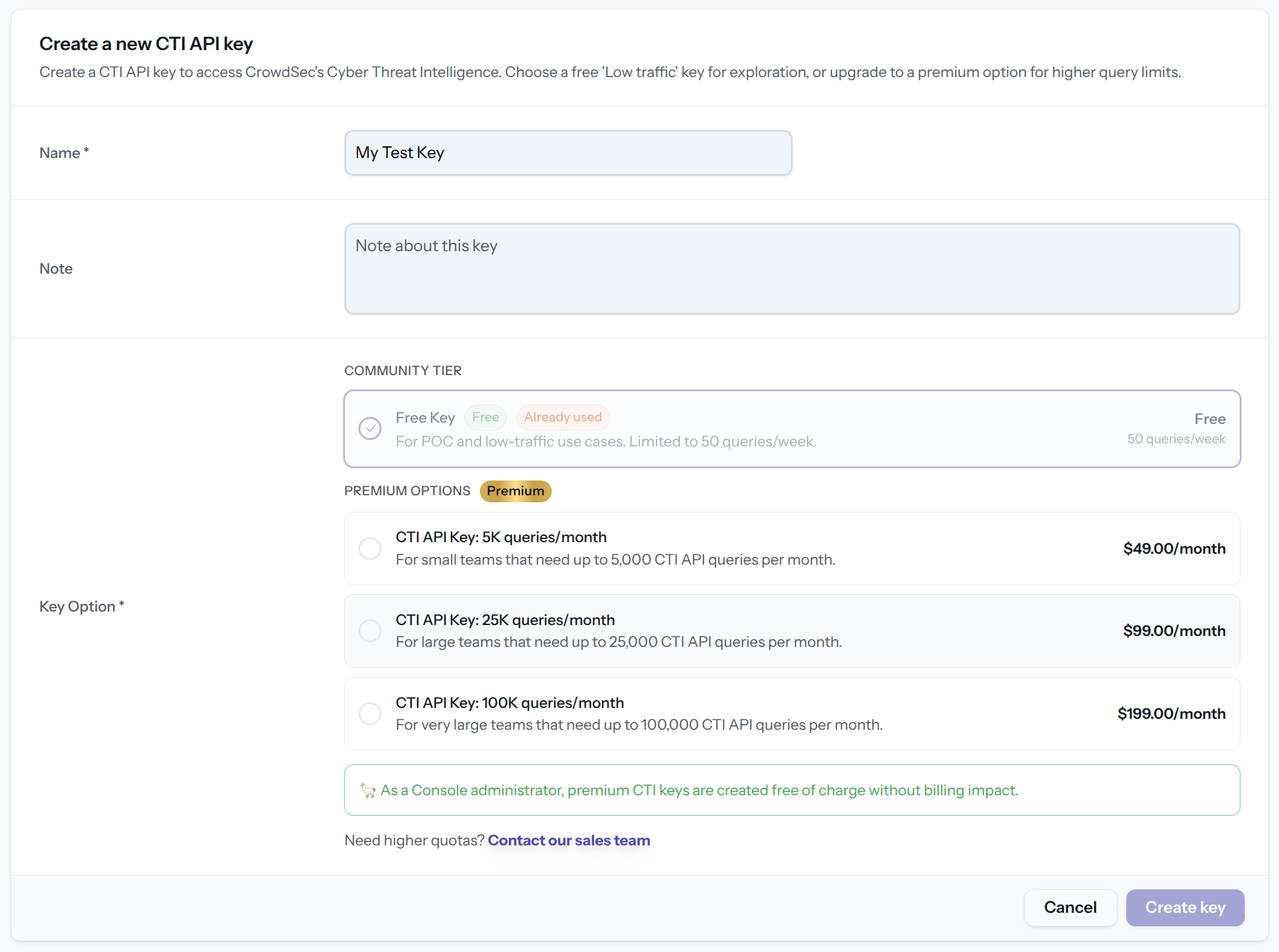 CrowdSec Create API Key Page